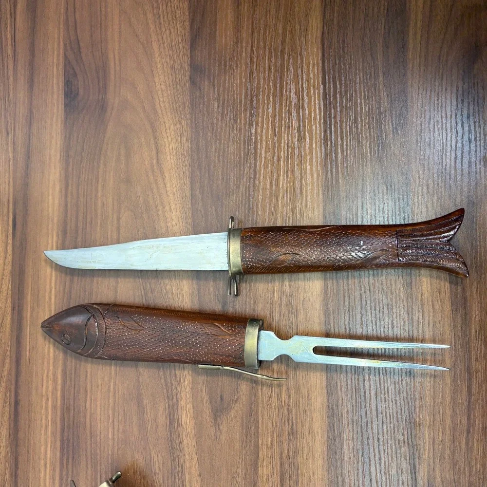 VINTAGE India Hand Carved Wood and Brass Letter Opener Scissors and Knife Set